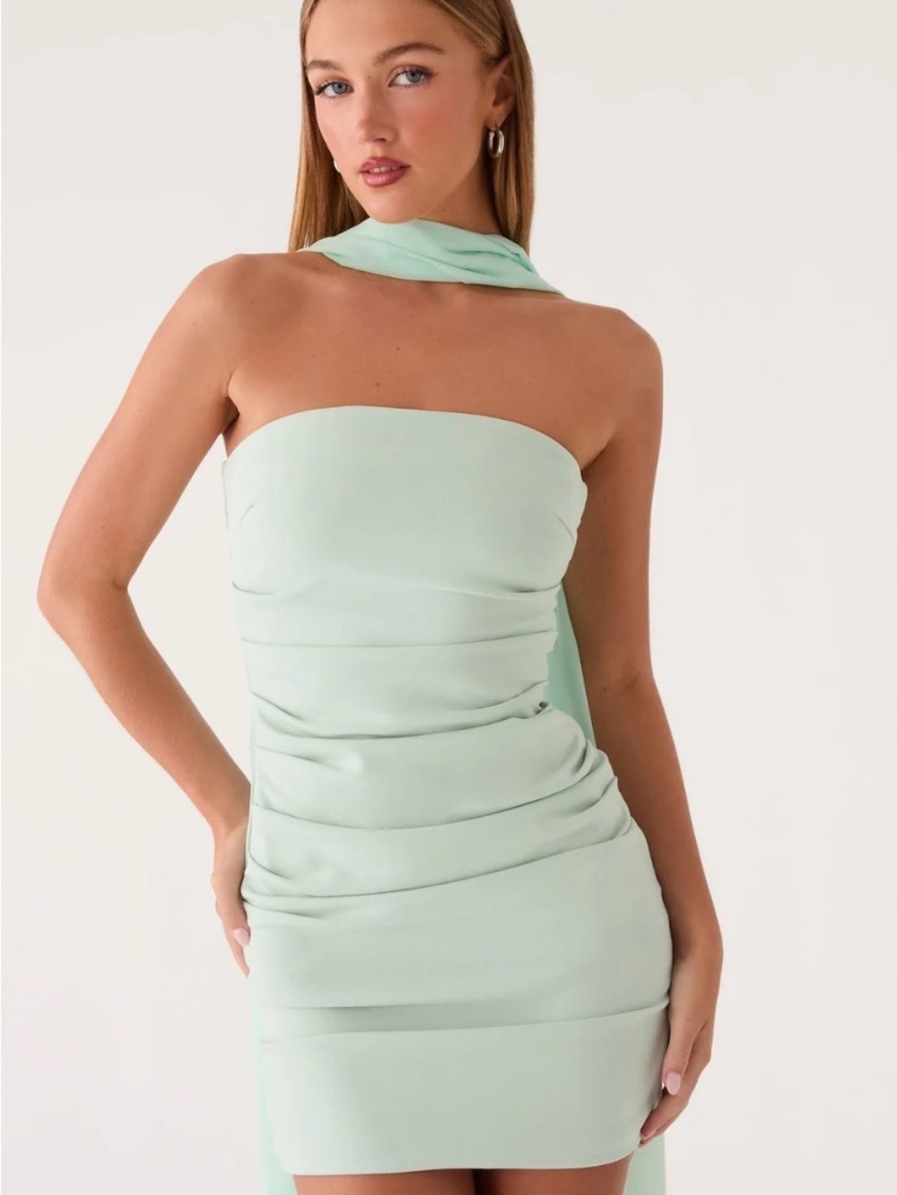 Peppermayo Mint Strapless Libra Mini Dress with Draped Scarf